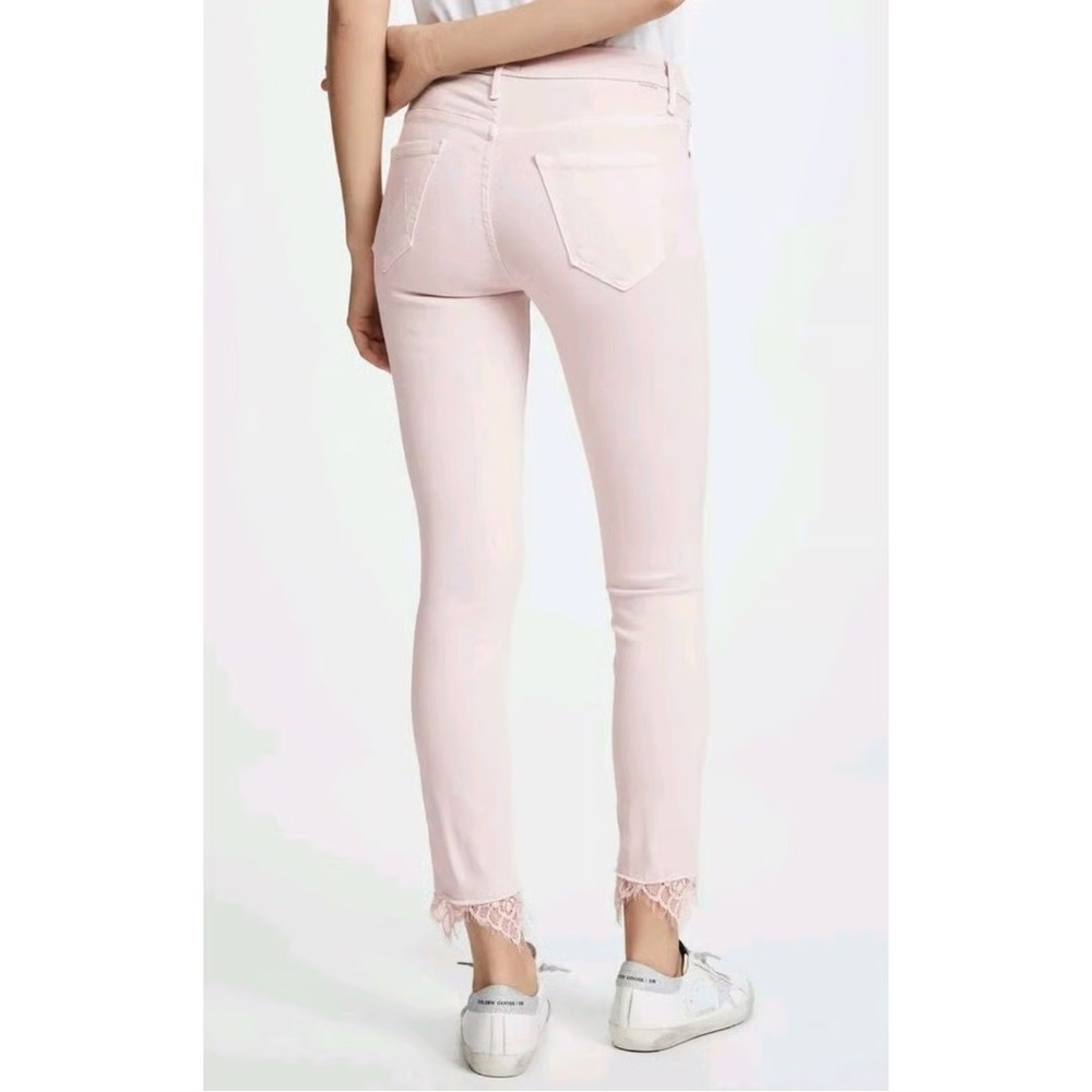 MOTHER Jeans High Waisted Looker Dagger Lace Ankle Fray Blush Pink Stretch